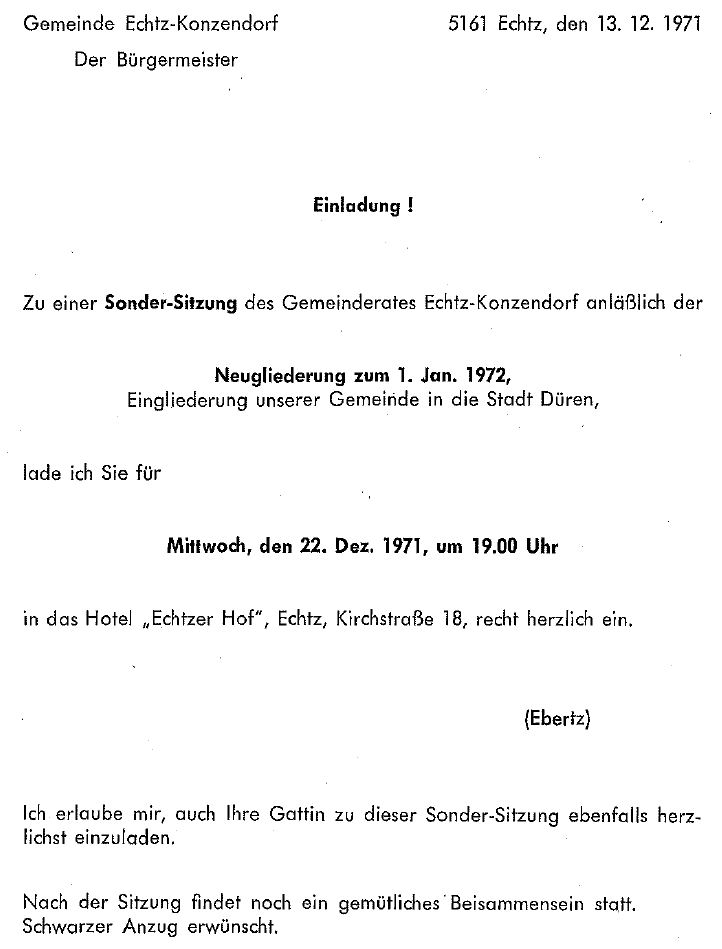 Einladung zur Gemeinderatssitzung anläßlich der Neugliederung zum 1. Jan. 1972